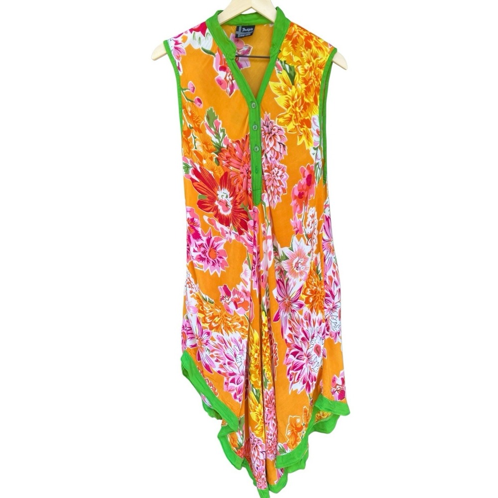 Jackpot Floral Dress Cover-Up OS Orange Green Mrs Roper High-Low‎ Rayon Vtg Y2K